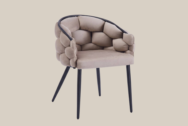 Blythwood — Chaise avec accoudoirs en velours taupe, piètement métal noir