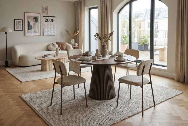 Cavendish — Chaise en tissu heritage sable, piètement effet noyer en situation