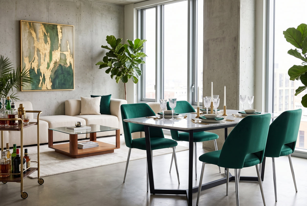 Crandale — Chaise en velours vert, piètement chrome — vue 1