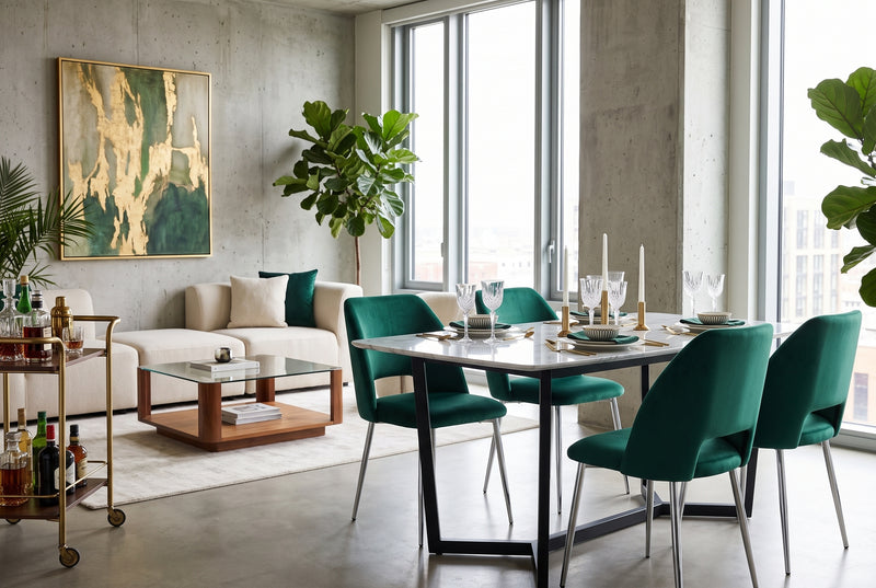 Crandale — Chaise en velours vert, piètement chrome en situation