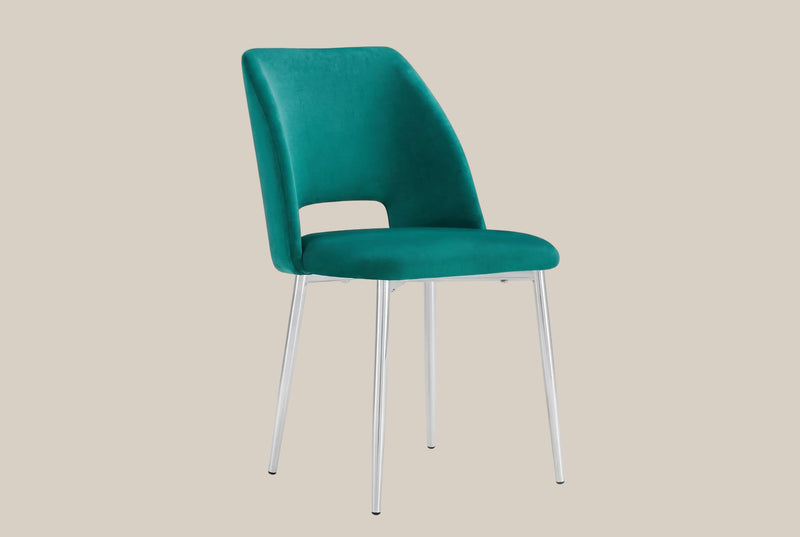 Crandale — Chaise en velours vert, piètement chrome