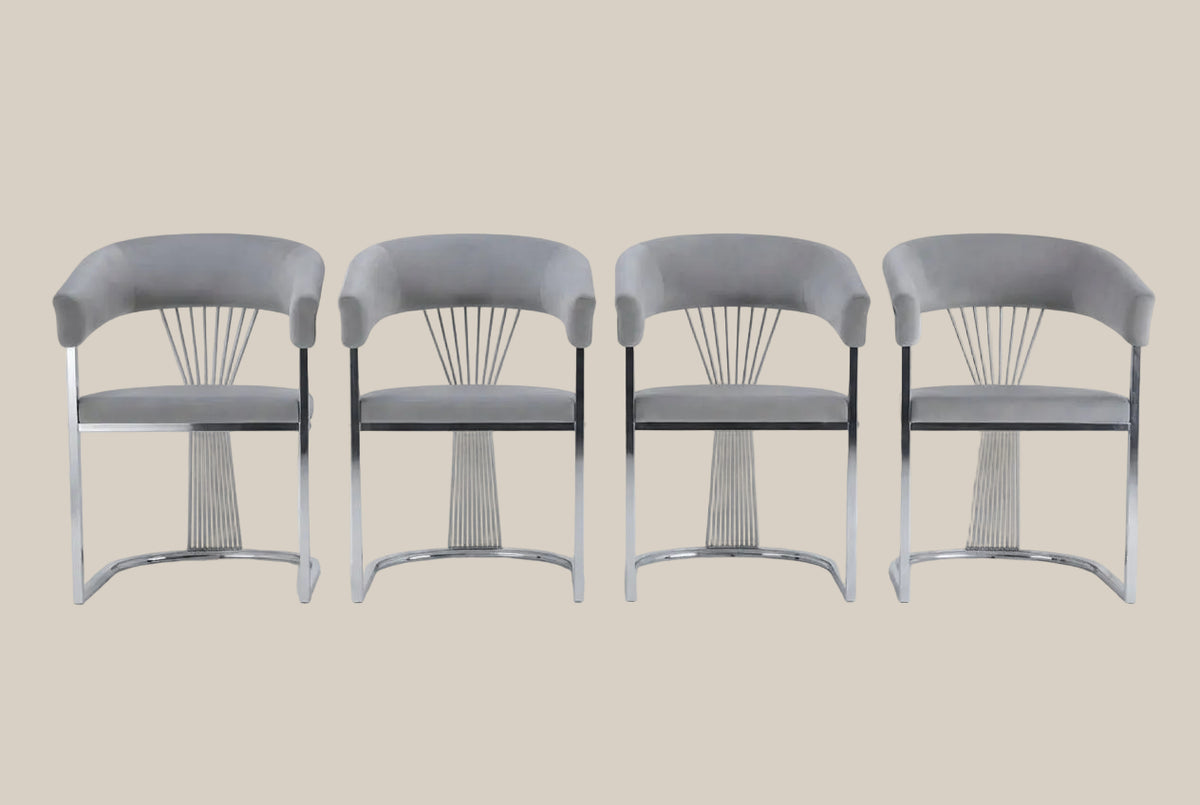 Falmere — Chaise avec accoudoirs en velours gris silver, piètement chrome — vue 5