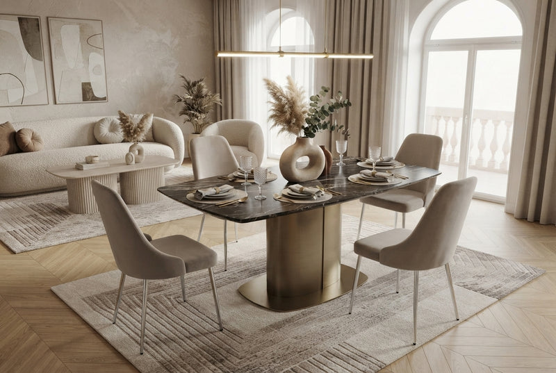 Faringdon — Chaise en velours moka, piètement chrome en situation