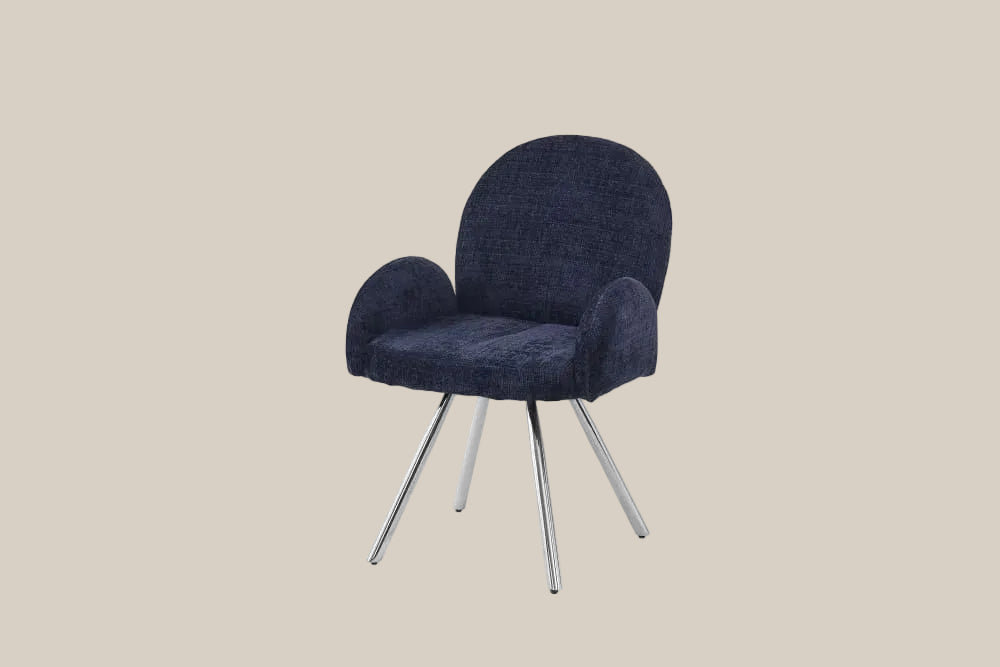 Grovedon — Chaise avec accoudoirs en velours bleu, piètement chrome — vue 2