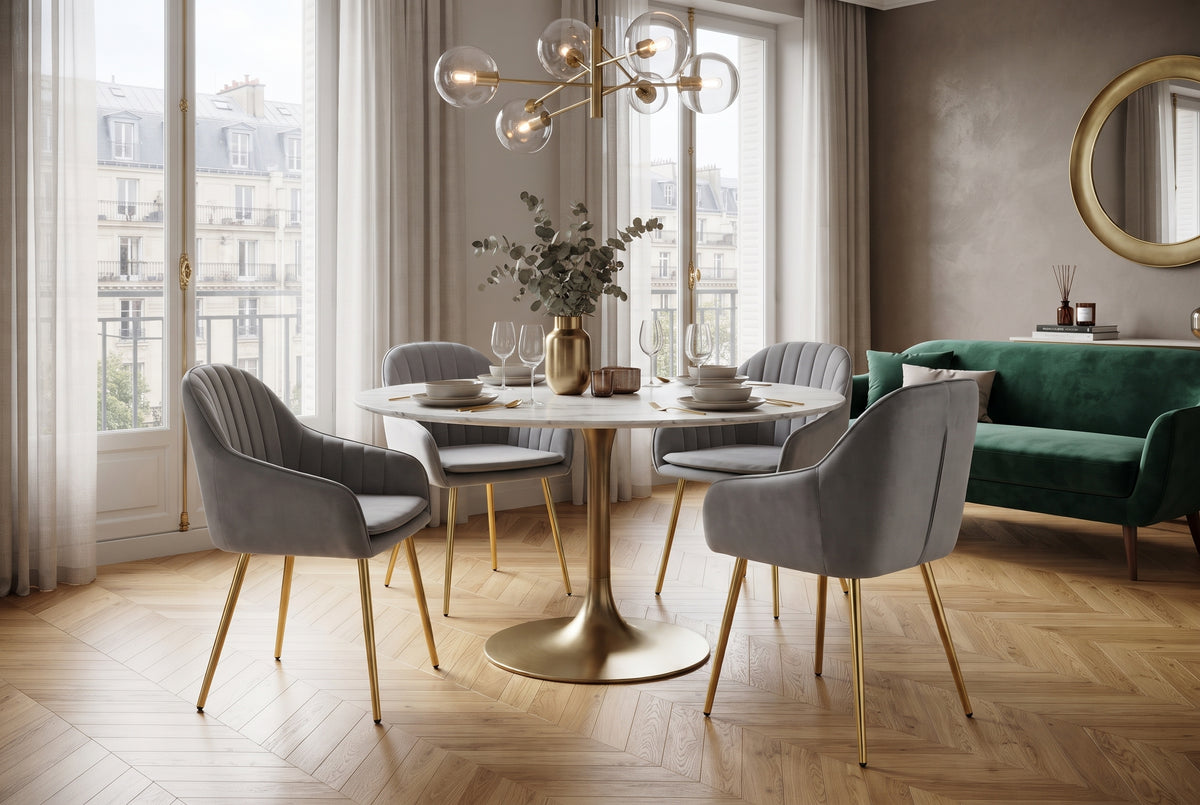 Hartley — Chaise avec accoudoirs en velours gris, piètement gold — vue 1