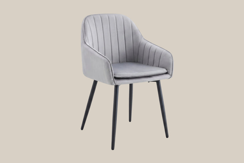 Hartley — Chaise avec accoudoirs en velours gris, piètement métal noir