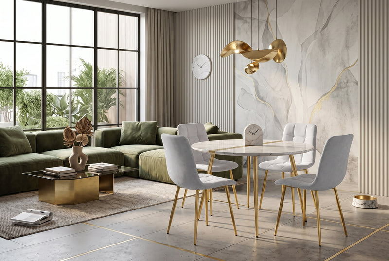 Hazelby — Chaise en serge gris, piètement gold en situation