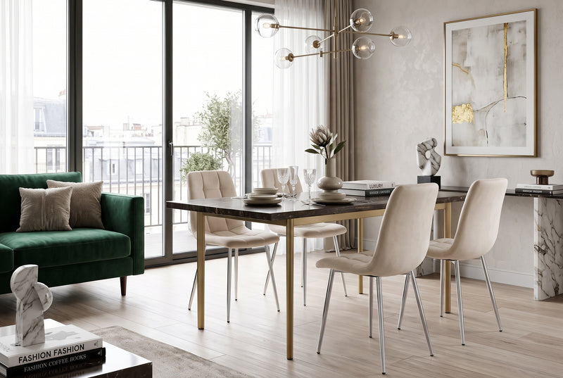 Hazelby — Chaise en velours beige, piètement chrome en situation