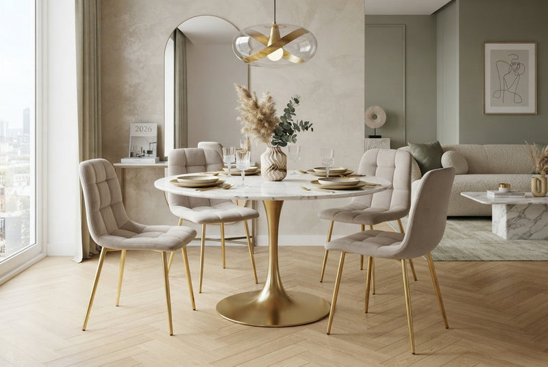 Hazelby — Chaise en velours taupe, piètement gold en situation