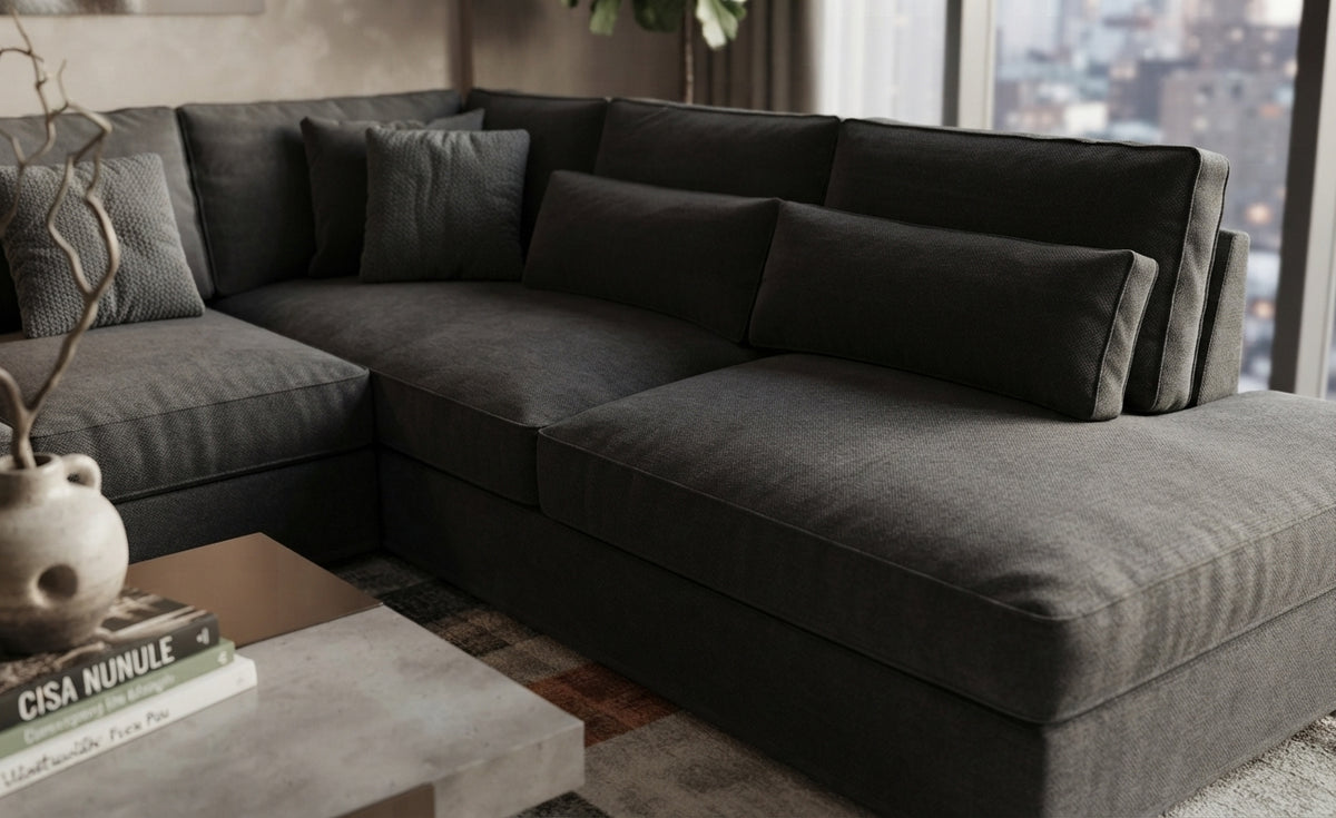 Kingsley – Canapé d'angle gauche en velours anthracite — vue 1