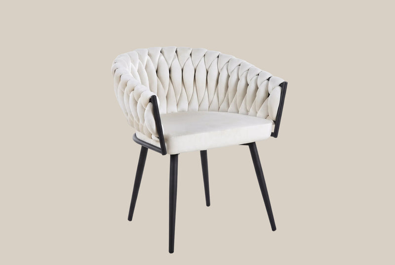 Lowfield — Chaise avec accoudoirs en velours écru, piètement métal noir