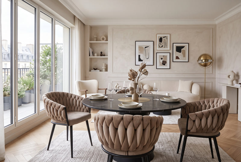 Lowfield — Chaise avec accoudoirs en velours taupe, piètement métal noir en situation