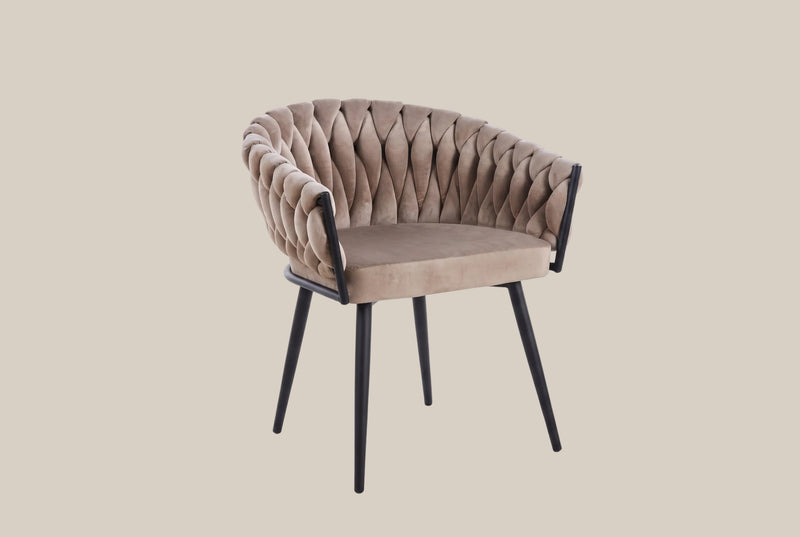 Lowfield — Chaise avec accoudoirs en velours taupe, piètement métal noir