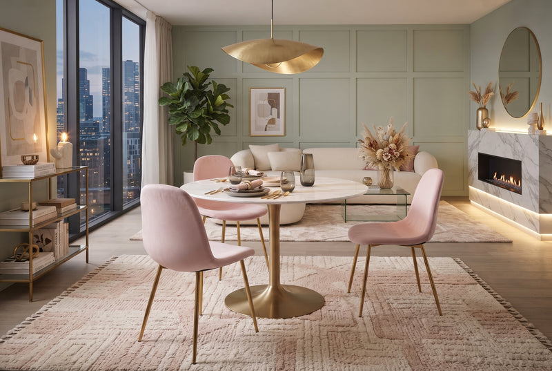 Marchmont — Chaise en velours rose pâle, piètement gold en situation