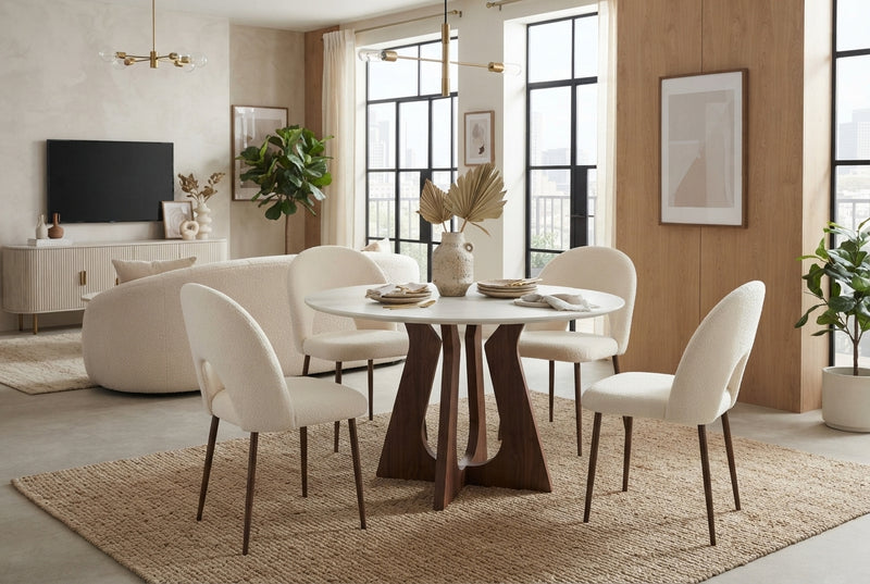 Netherby — Chaise en molletonné doudou beige, piètement effet noyer en situation