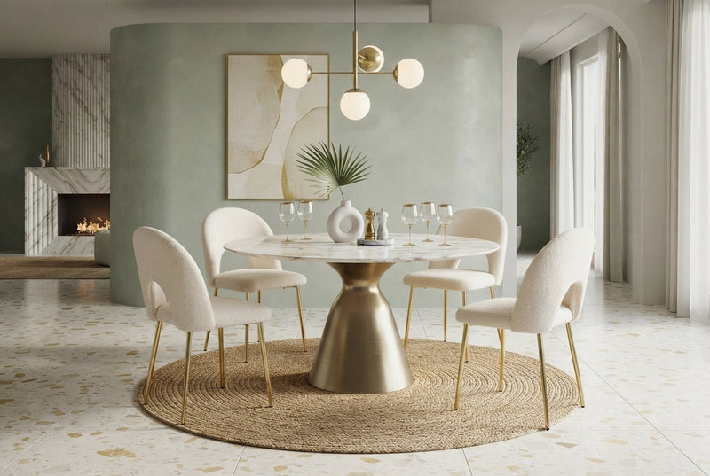 Netherby — Chaise en molletonné doudou beige, piètement gold en situation