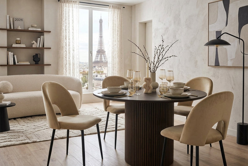 Netherby — Chaise en velours taupe, piètement métal noir en situation