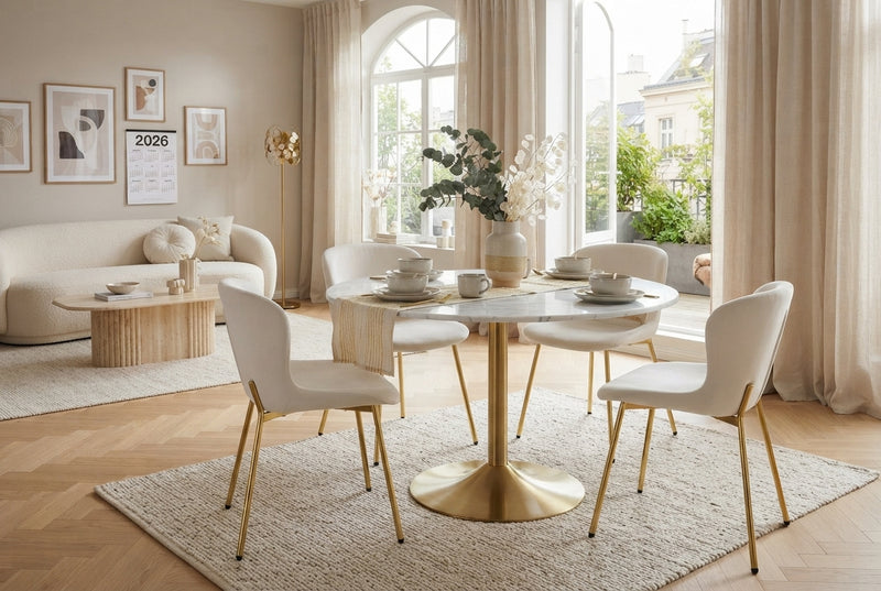 Rosemont — Chaise en velours écru, piètement gold en situation