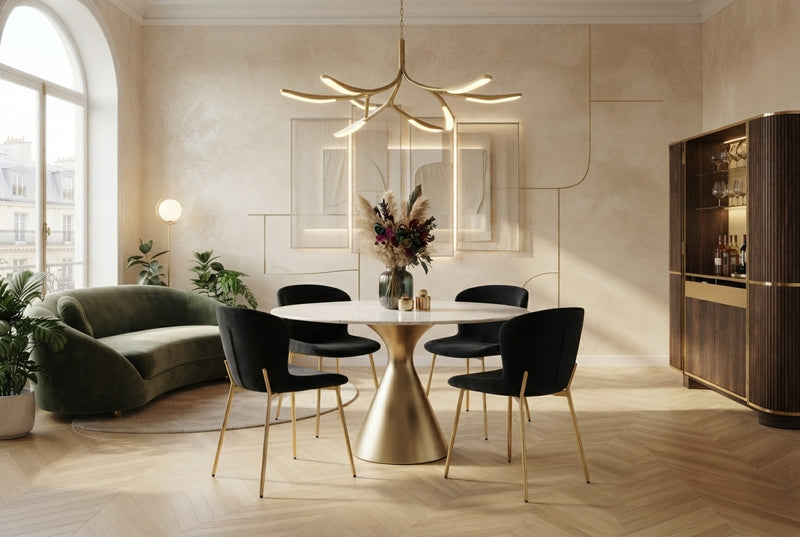 Rosemont — Chaise en velours noir, piètement gold en situation