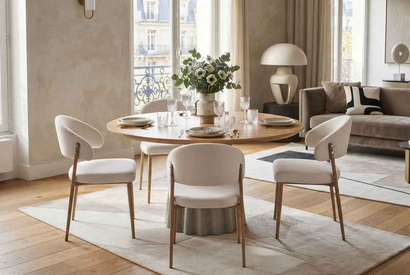 Winford — Chaise en velours beige, piètement effet bois en situation