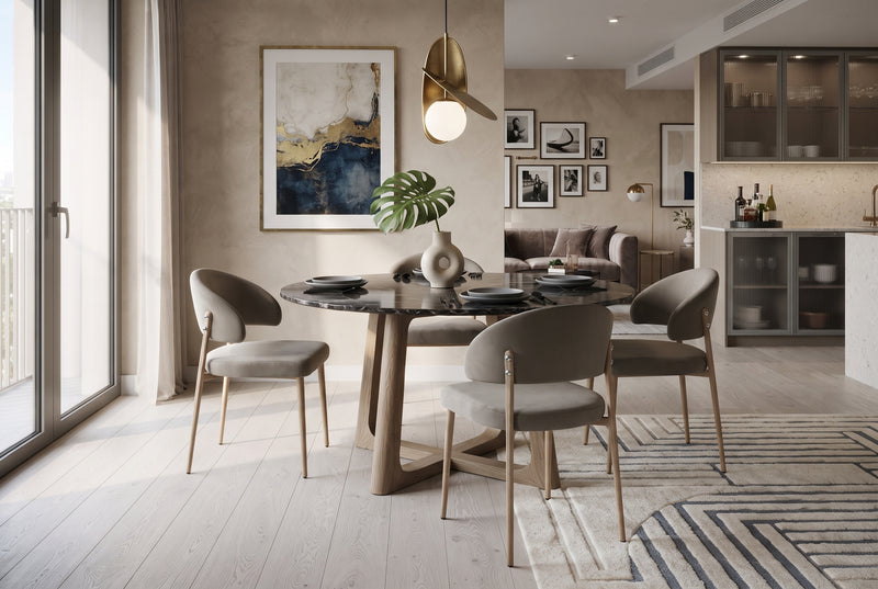 Winford — Chaise en velours taupe, piètement effet bois en situation