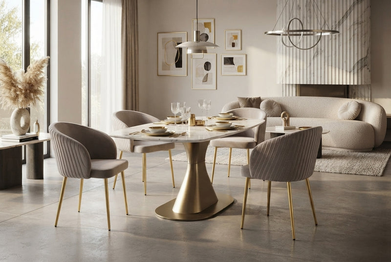 Wolvercote — Chaise avec accoudoirs en simili cuir gris, piètement gold en situation